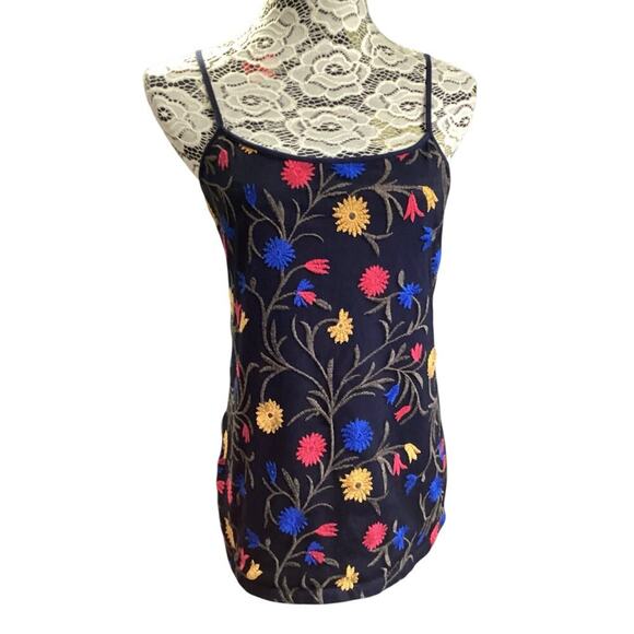 Ann Taylor Factory Women's Large Embroidered Floral Spaghetti Strap Tank navy - Picture 1 of 6